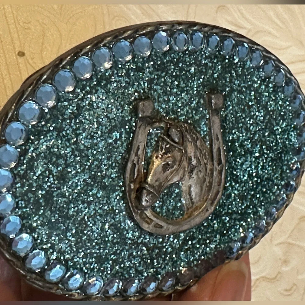 Rubyrudi Artist Western Belt Buckle Hand Crafted OOAK Blue Glitter Glass Rugged
